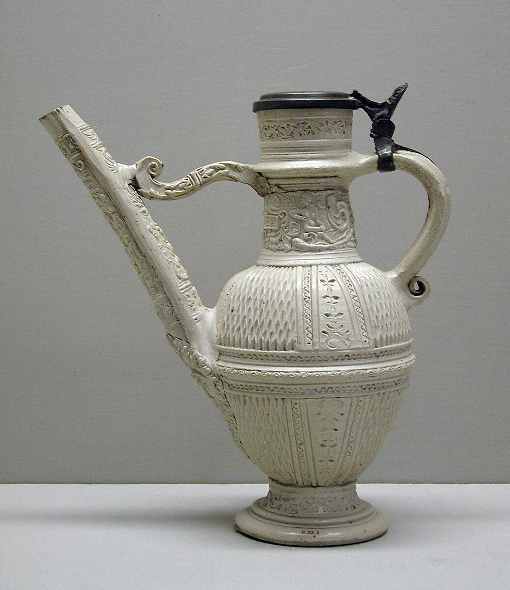 Ewer (Schnabelkanne), Decoration after a design by Theodor de Bry (Netherlandish, Liège 1528–1598 Frankfurt), Glazed stoneware; pewter, German, Siegburg 