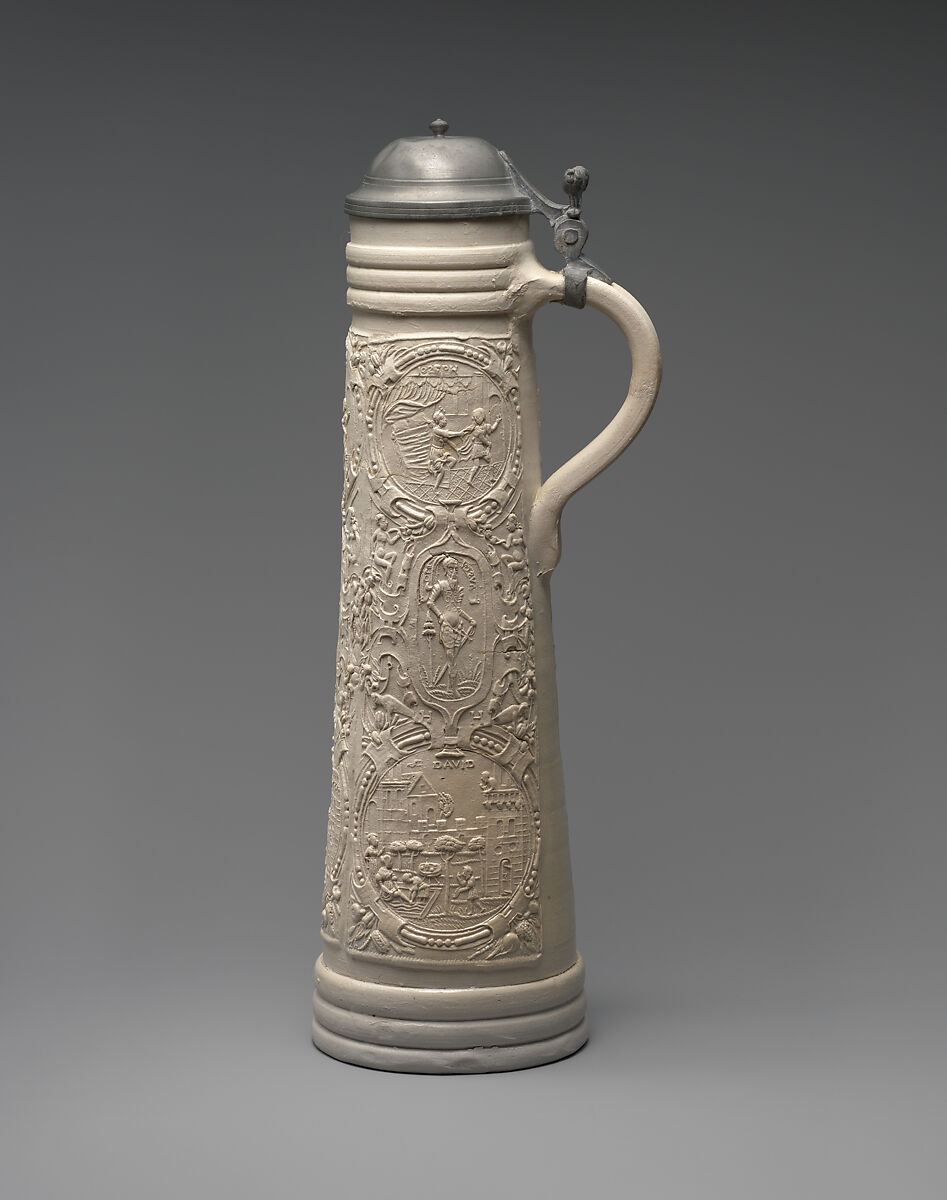 Tankard (Schnelle), Workshop of Hans Hilgers (active 1565–95), Salt-glazed stoneware; pewter, German, Siegburg