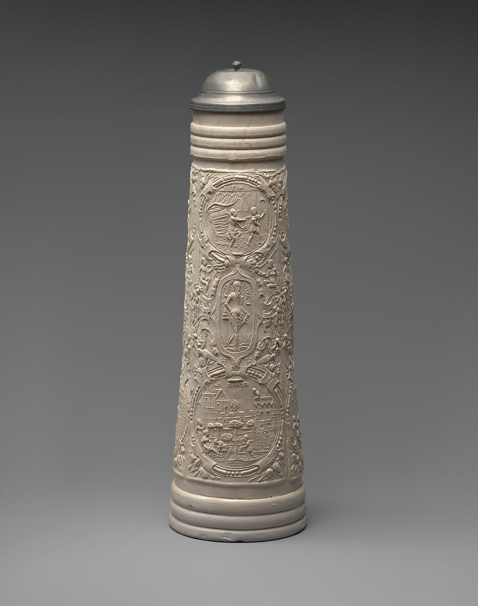 Tankard (Schnelle), Workshop of Hans Hilgers (active 1565–95), Salt-glazed stoneware; pewter, German, Siegburg