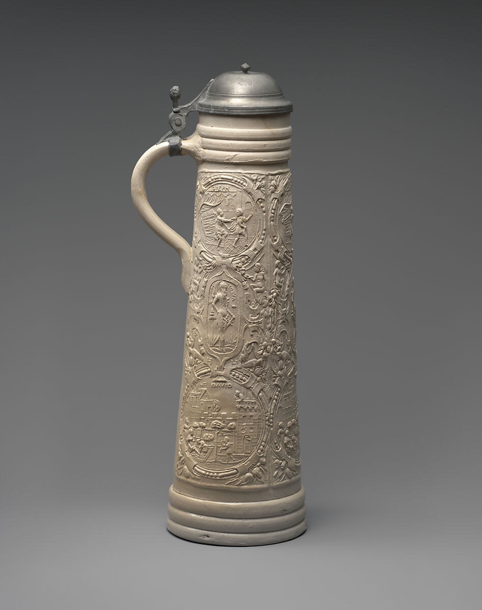 Tankard (Schnelle), Workshop of Hans Hilgers (active 1565–95), Salt-glazed stoneware; pewter, German, Siegburg 