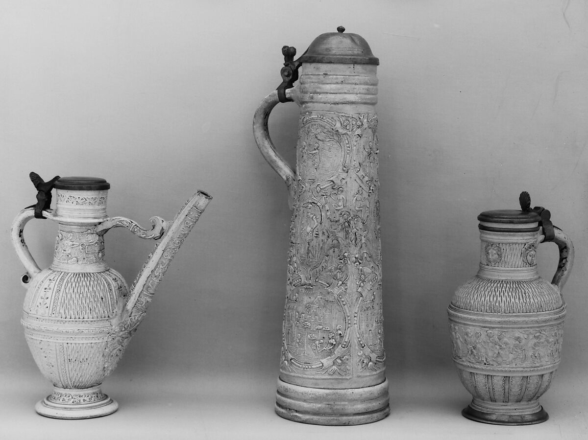 Tankard (Schnelle), Workshop of Hans Hilgers (active 1565–95), Salt-glazed stoneware; pewter, German, Siegburg