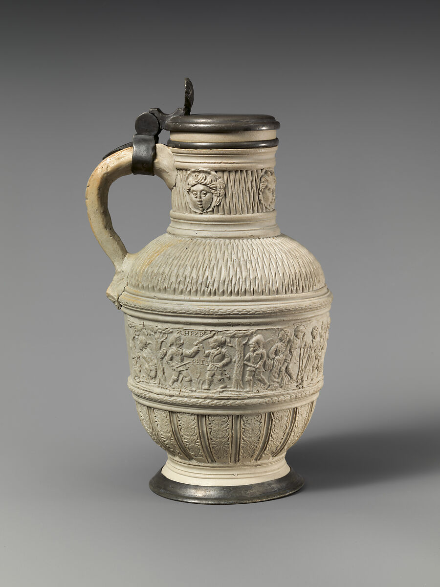 Jug, Decoration after a design by Sebald Beham (German, Nuremberg 1500–1550 Frankfurt), Salt-glazed stoneware; pewter lid, German, Siegburg