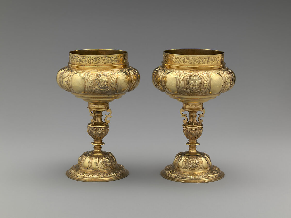 Two double standing cups (trussing cups), Probably Simon Pissinger (active 1582–1609), Gilded silver, German, Regensburg