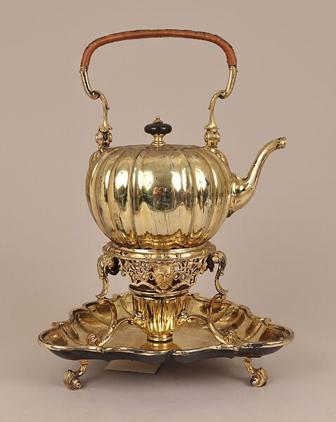 Kettle with stand, cover, and tray, Elkington &amp; Co. (British, Birmingham, 1829–1963), Silver on base metal, British, Birmingham, after British, London original 