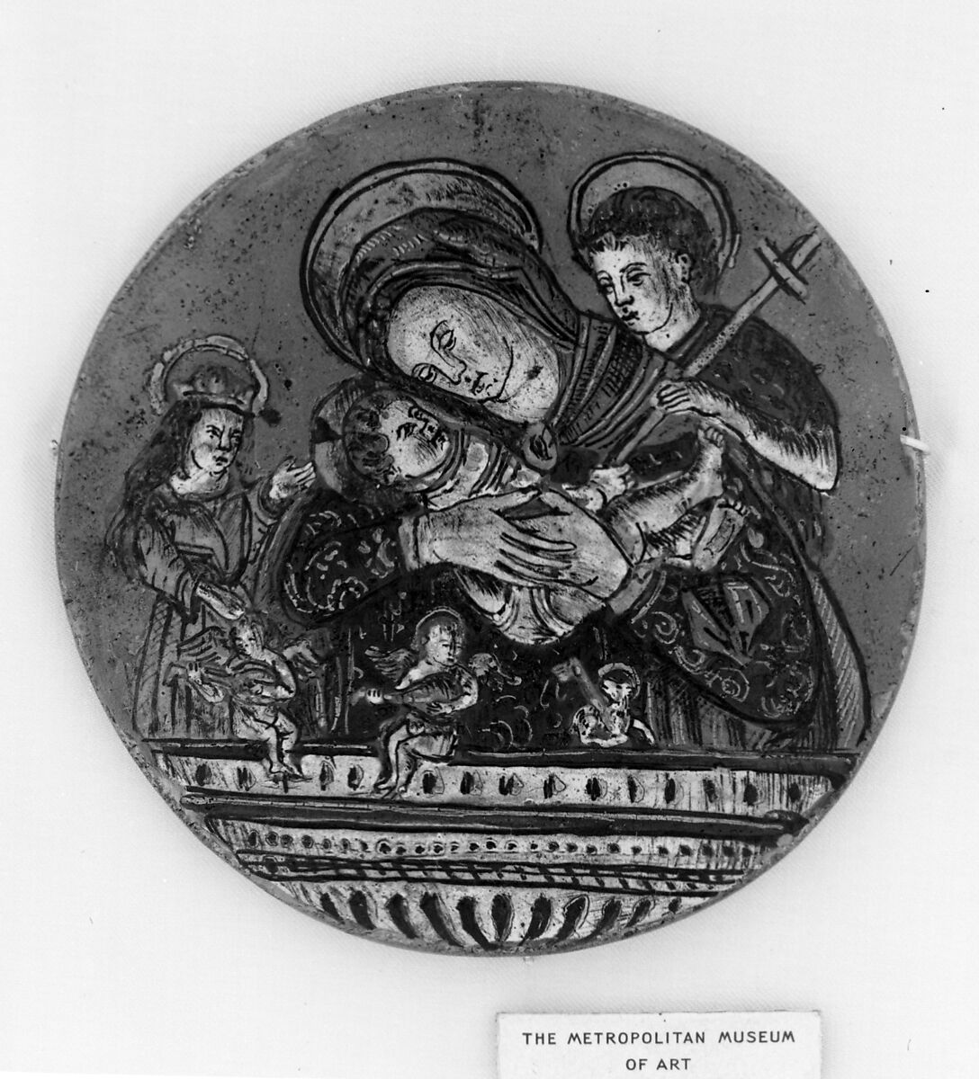 Madonna and Child between Saint John and a sainted abbess (probably Saint Catherine of Alexandria), Glass, enameled, Italian, Venice (Murano) 