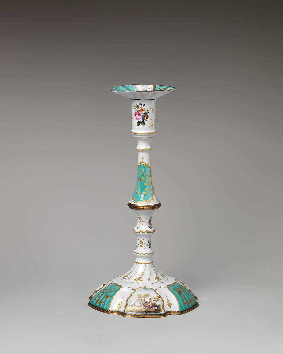 Pair of candlesticks, image of hunter with dog on base of candlesticks published by Robert Sayer (British, Sunderland 1725–1794 Bath), Enamel, British, possibly South Staffordshire