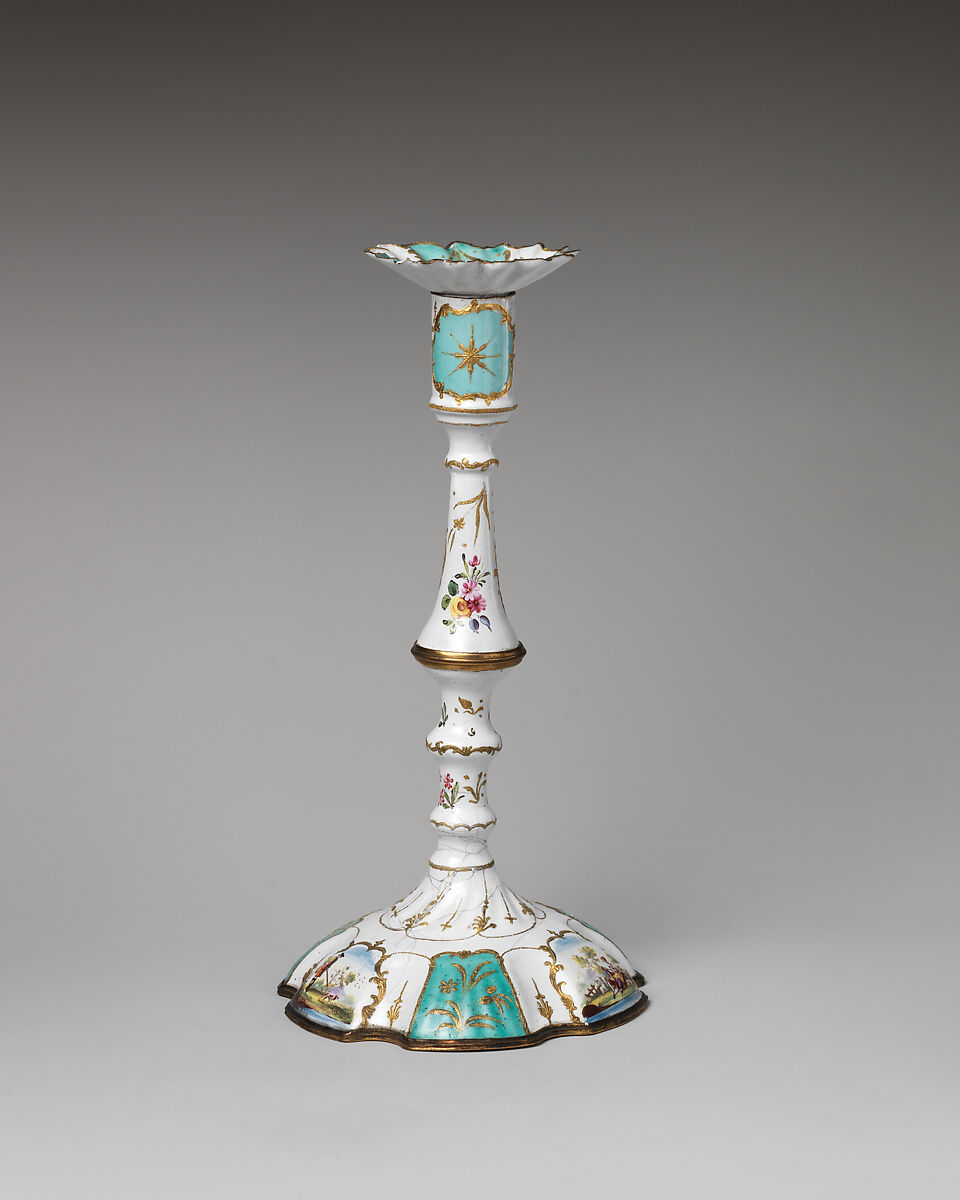 Pair of candlesticks, image of hunter with dog on base of candlesticks published by Robert Sayer (British, Sunderland 1725–1794 Bath), Enamel, British, possibly South Staffordshire