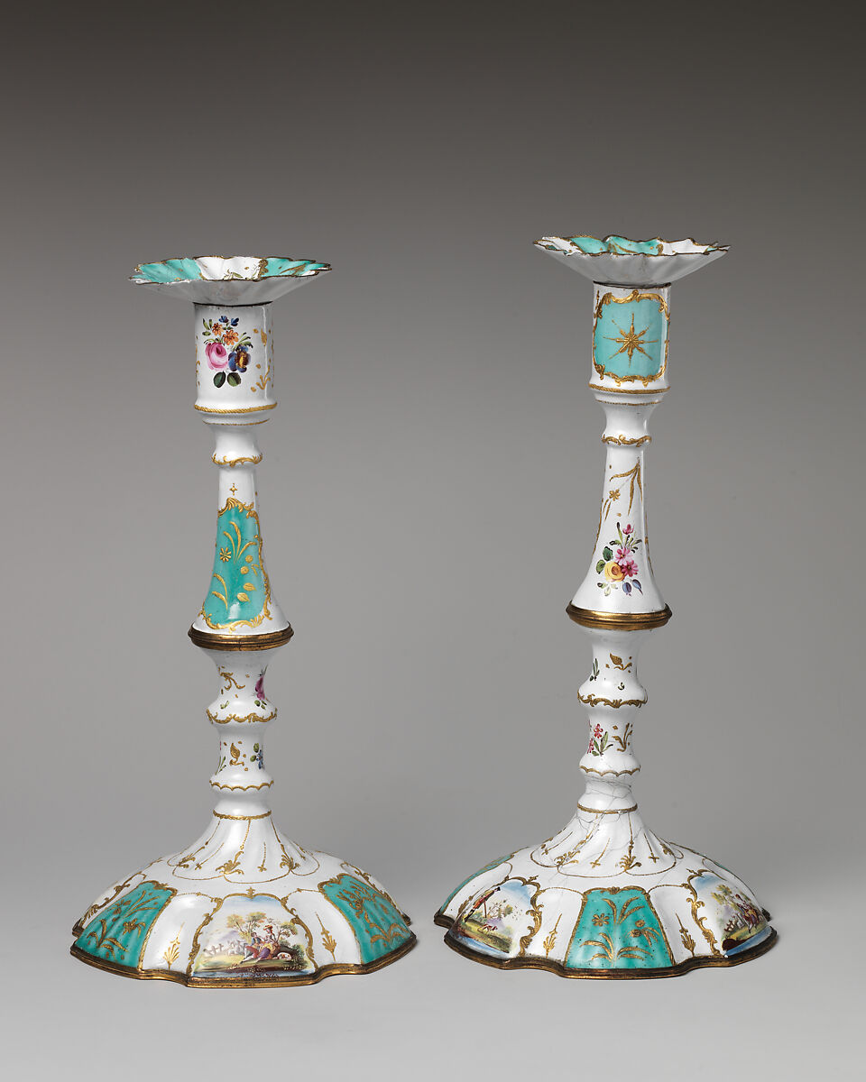 Pair of candlesticks, Enamel, British, Staffordshire 