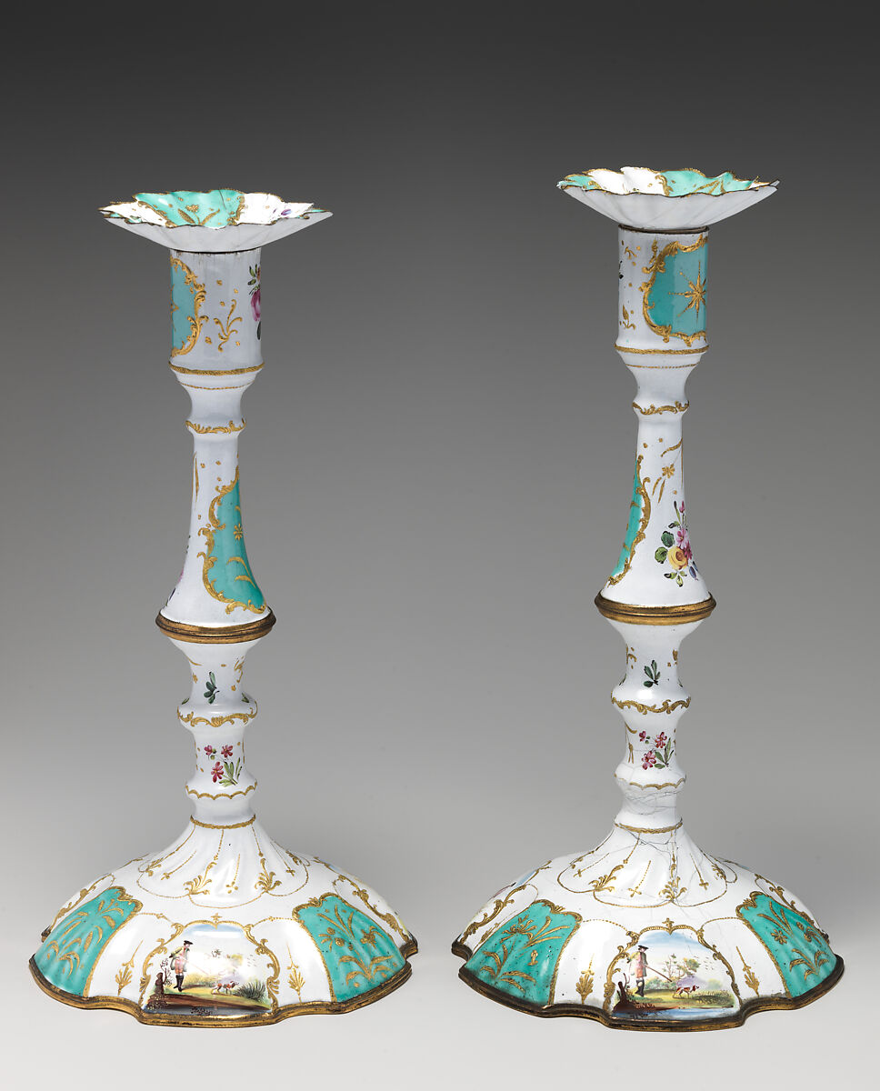 Pair of candlesticks, image of hunter with dog on base of candlesticks published by Robert Sayer (British, Sunderland 1725–1794 Bath), Enamel, British, possibly South Staffordshire