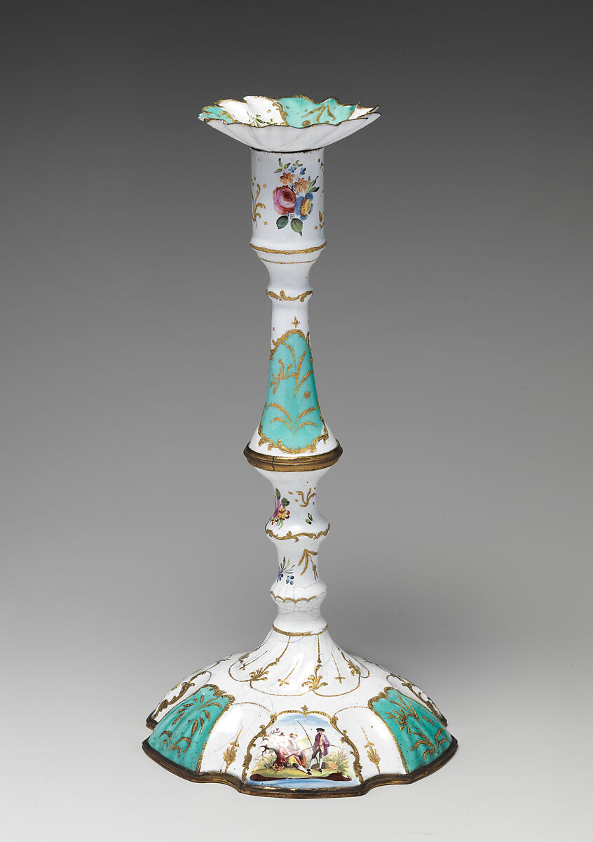 Pair of candlesticks, image of hunter with dog on base of candlesticks published by Robert Sayer (British, Sunderland 1725–1794 Bath), Enamel, British, possibly South Staffordshire