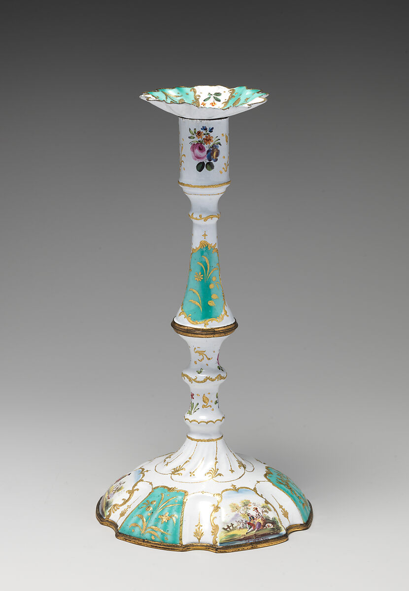Pair of candlesticks, image of hunter with dog on base of candlesticks published by Robert Sayer (British, Sunderland 1725–1794 Bath), Enamel, British, possibly South Staffordshire