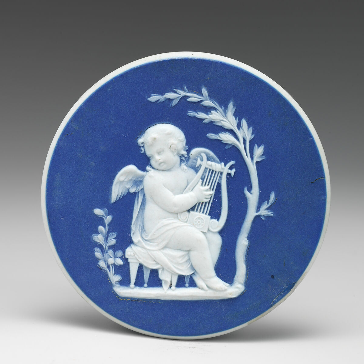 Cupid playing a lyre, Josiah Wedgwood (British, Burslem, Stoke-on-Trent 1730–1795 Burslem, Stoke-on-Trent), Jasperware, British, Etruria, Staffordshire 