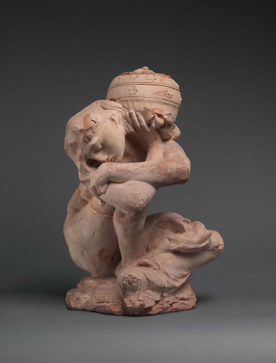 Fallen Caryatid Carrying an Urn, Auguste Rodin (French, Paris 1840–1917 Meudon), Cast terracotta, French