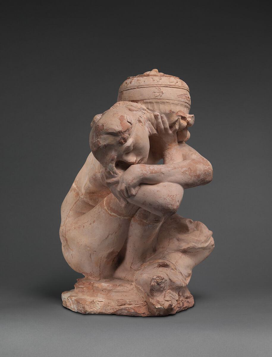Fallen Caryatid Carrying an Urn, Auguste Rodin (French, Paris 1840–1917 Meudon), Cast terracotta, French 