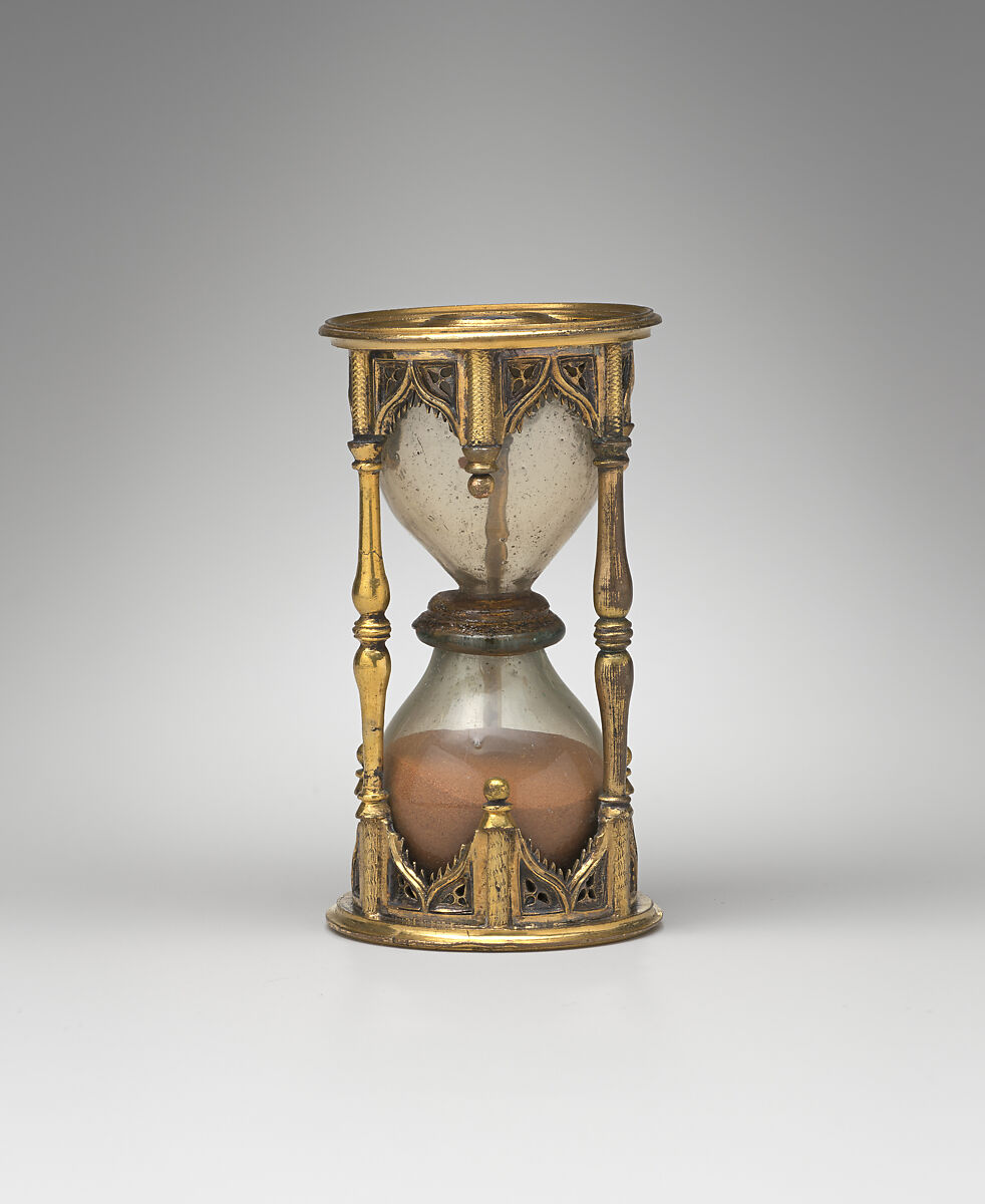 Half-hour sandglass, Gilded silver, gilded bronze, glass, sand, German 