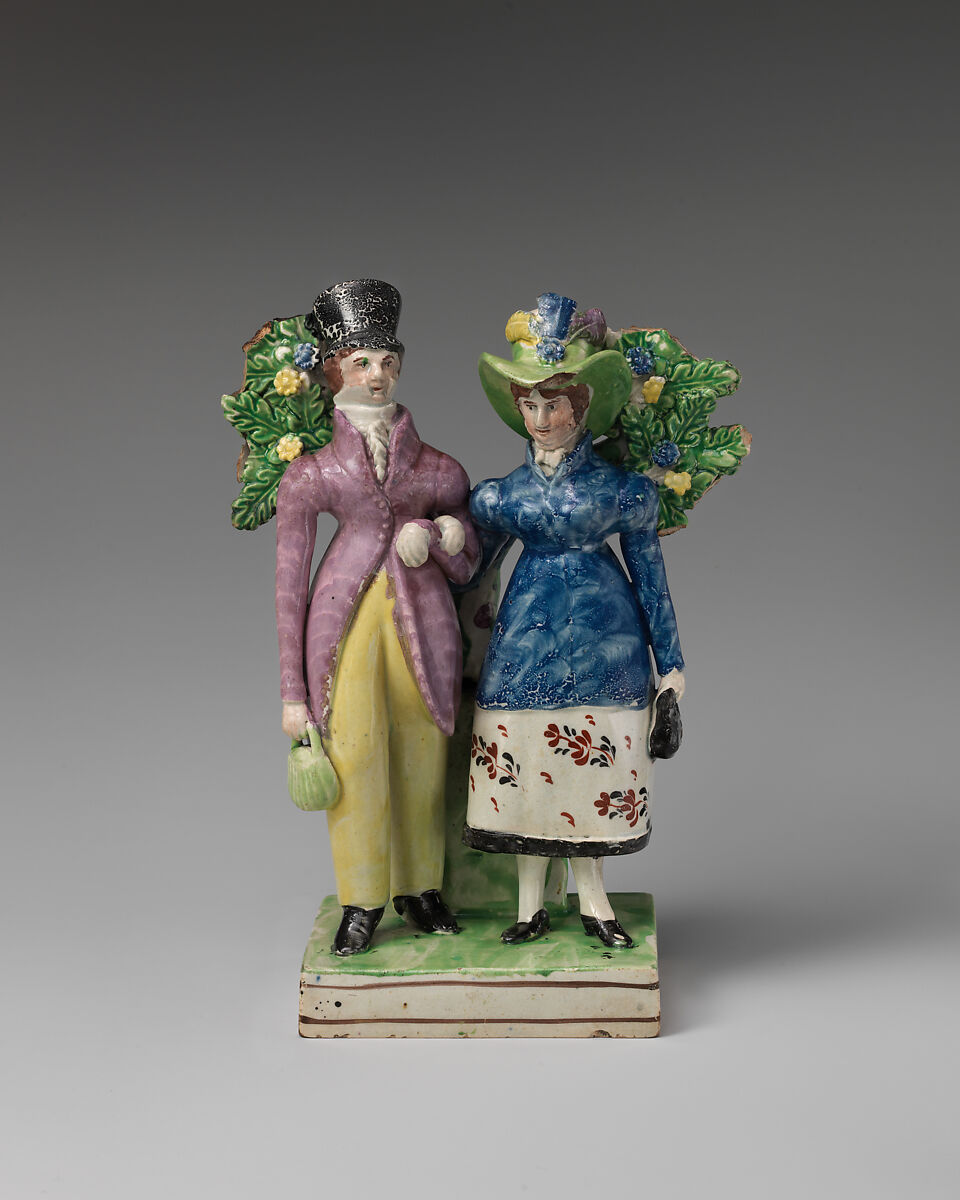 Man and woman standing near a tree, Pottery, British, Staffordshire 