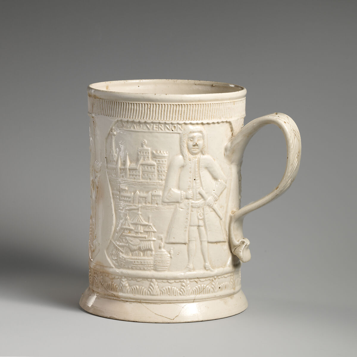 Mug with Admiral Edward Vernon (1684–1757) and the capture of Porto Bello, Salt-glazed stoneware, British, Staffordshire 