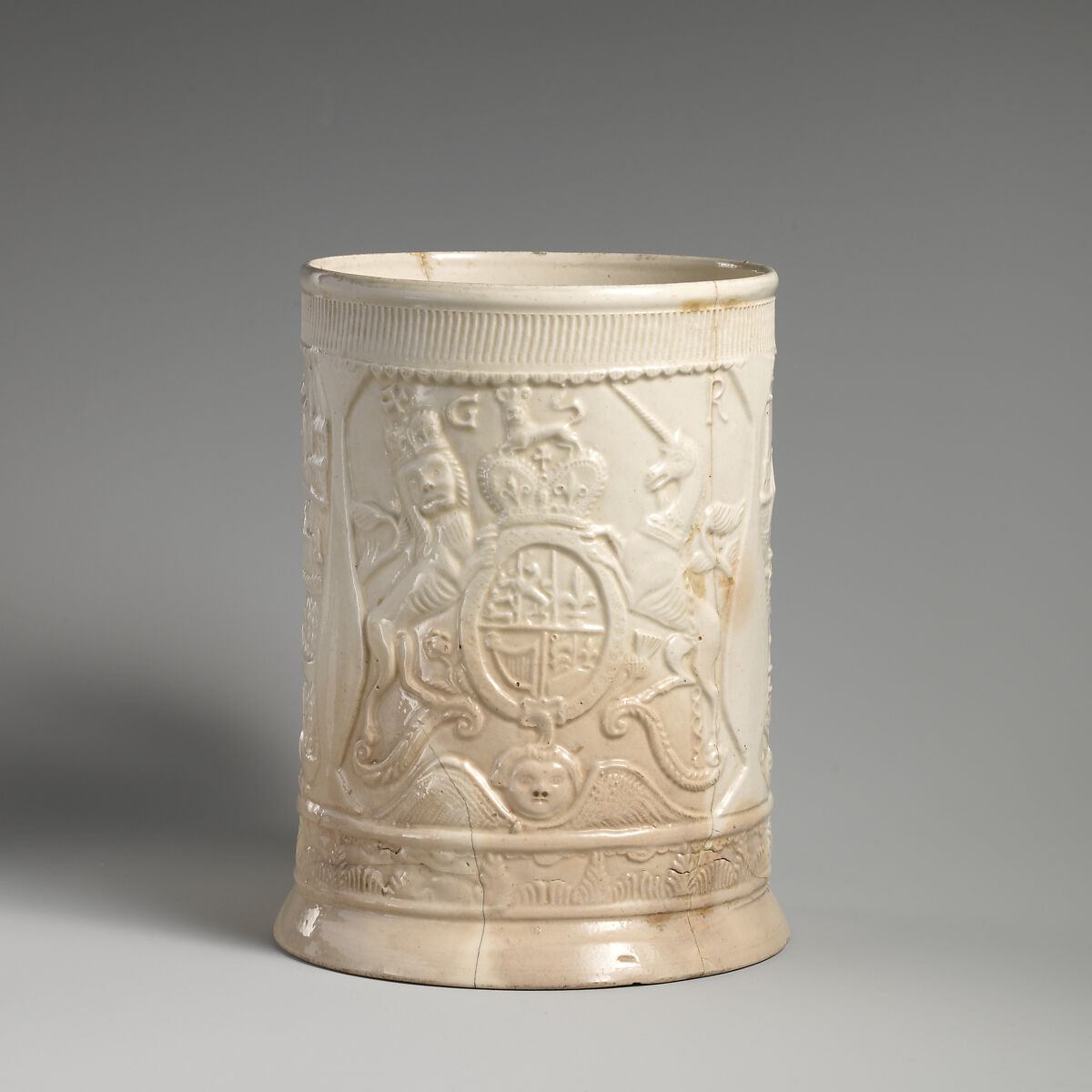 Mug with Admiral Edward Vernon (1684–1757) and the capture of Porto Bello, Salt-glazed stoneware, British, Staffordshire