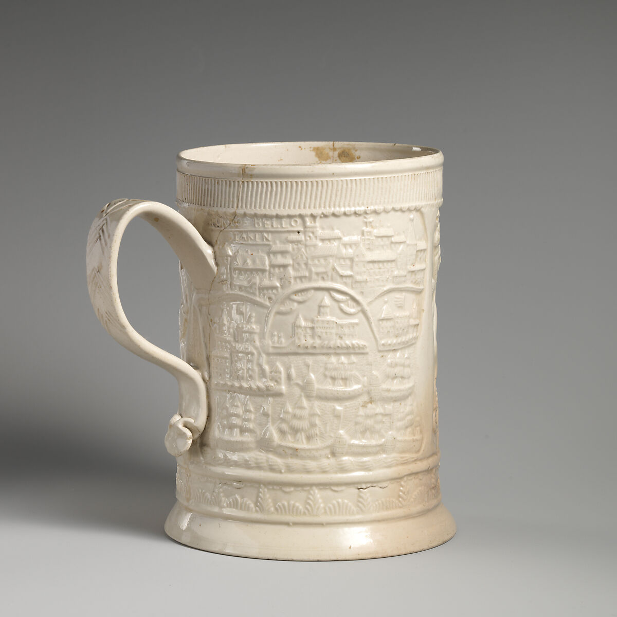 Mug with Admiral Edward Vernon (1684–1757) and the capture of Porto Bello, Salt-glazed stoneware, British, Staffordshire