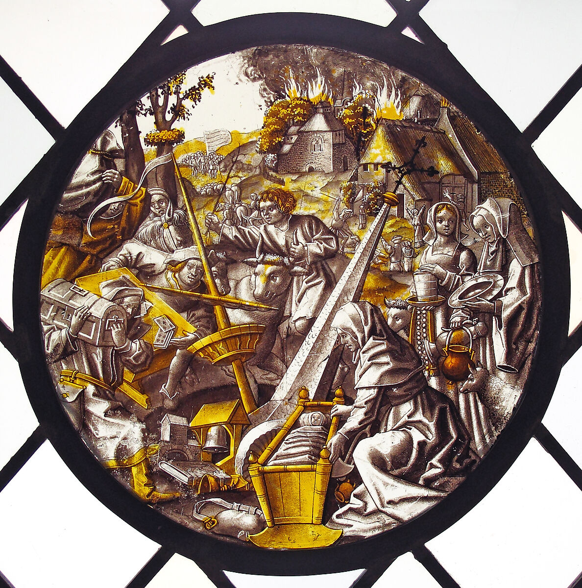Allegory of Rout and Pillage, Style of Dirck Vellert (Netherlandish, Amsterdam (?) ca. 1480/85–ca. 1547), Colorless glass, vitreous paint and silver stain, Flemish 