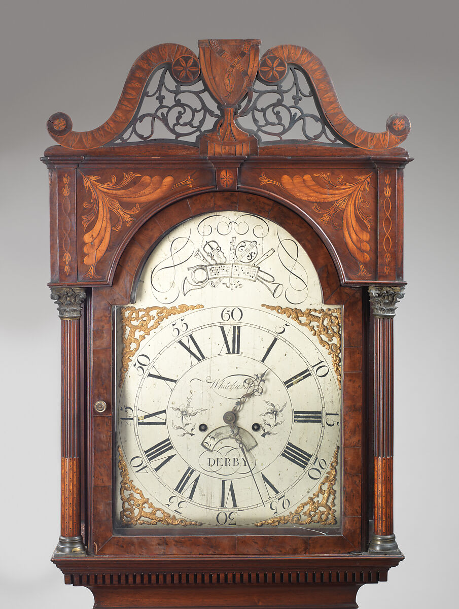 Longcase clock, Clockmaker: John Whitehurst (British, 1713–1788), Mahogany inlaid with satinwood, British, Derby