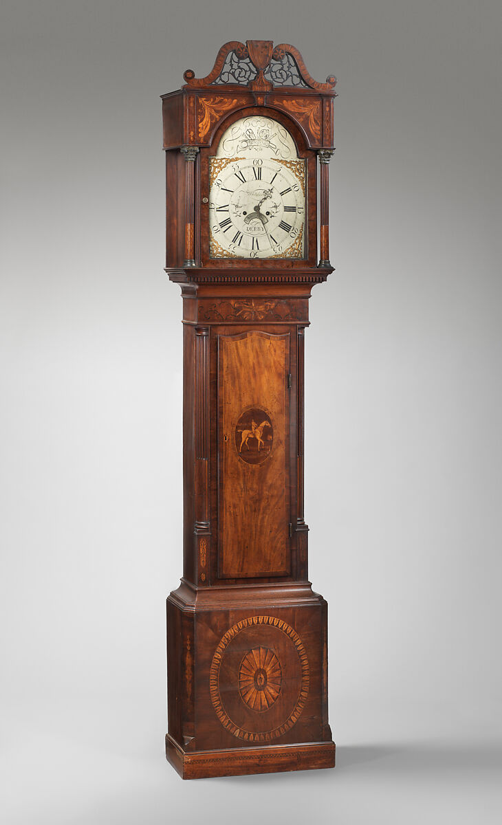 Longcase clock, Clockmaker: John Whitehurst (British, 1713–1788), Mahogany inlaid with satinwood, British, Derby 