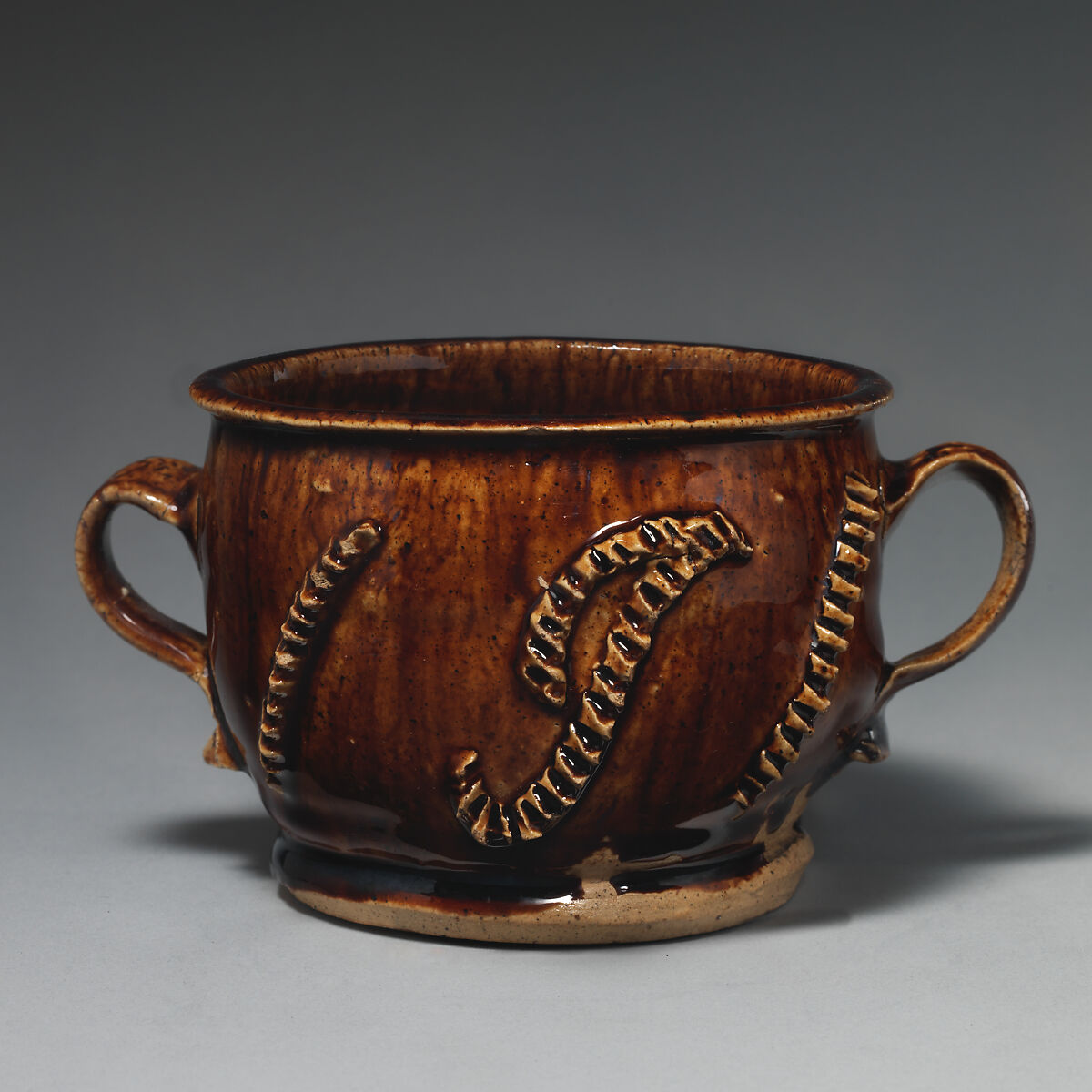Two-handled cup, Glazed pottery, brown splash, British, Staffordshire