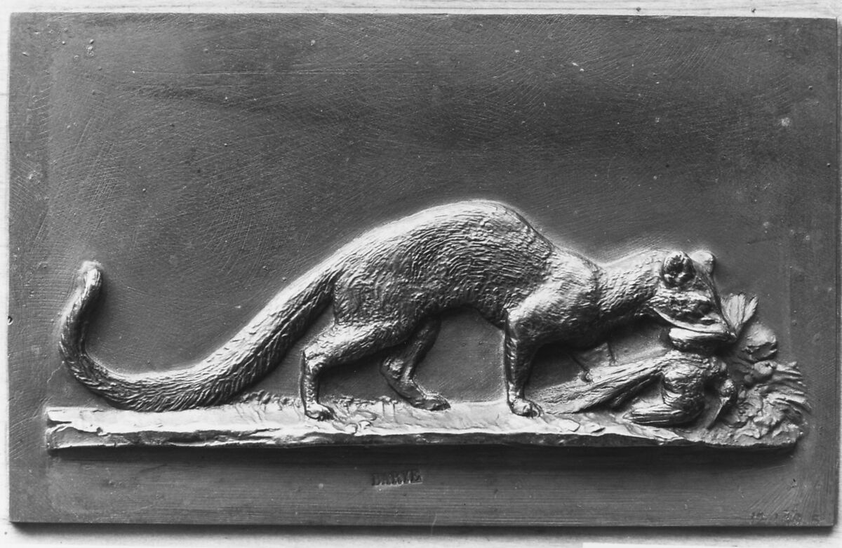 Genet dragging a bird, Antoine-Louis Barye (French, Paris 1795–1875 Paris), Bronze, French 