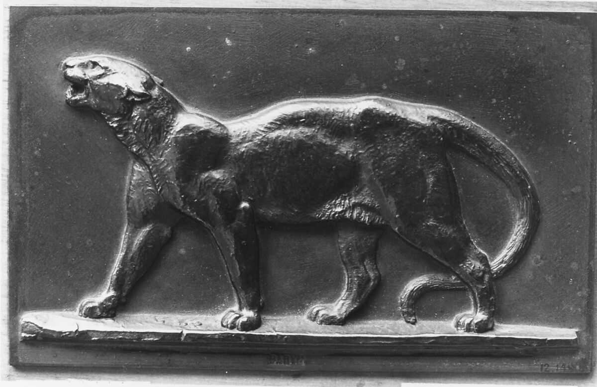 Leopard walking, Antoine-Louis Barye (French, Paris 1795–1875 Paris), Bronze, French 