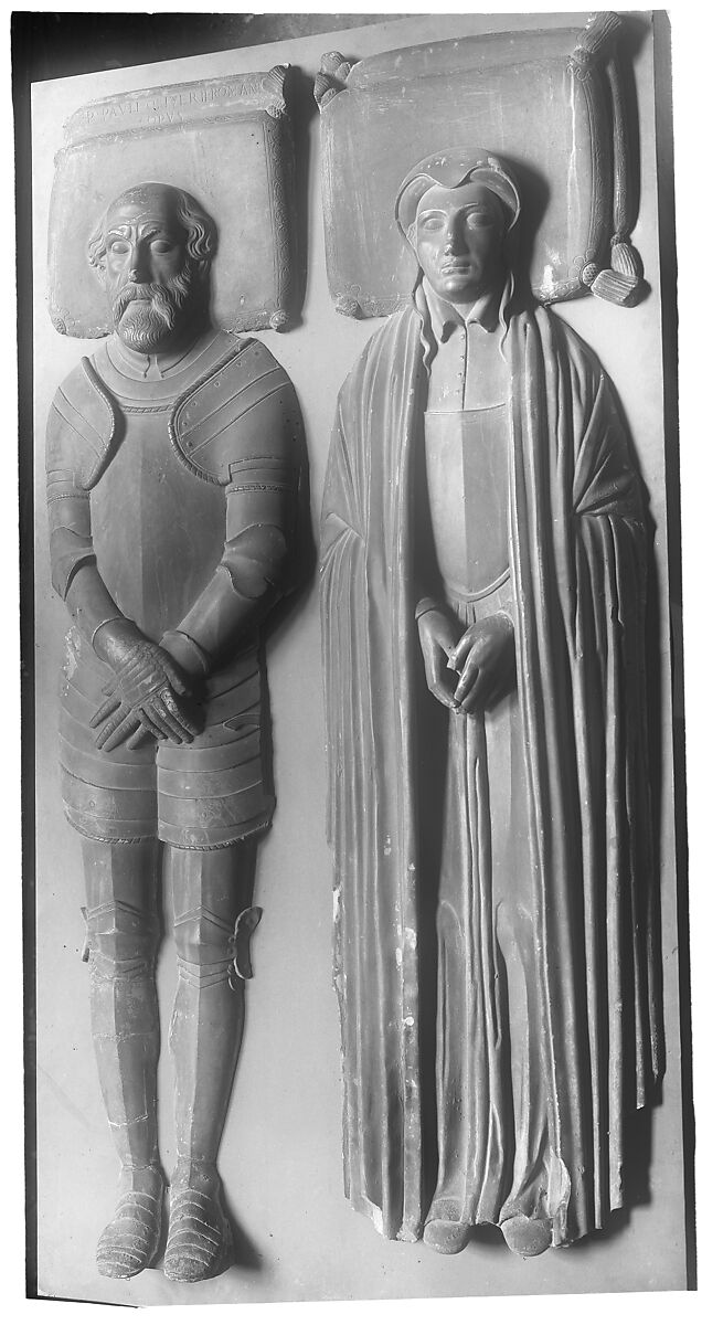 A man in armor and his wife in a long cloak (possibly Huguenots), Pietro Paolo Olivieri (Italian, Rome 1551–1599 Rome), White marble, Italian, Rome 