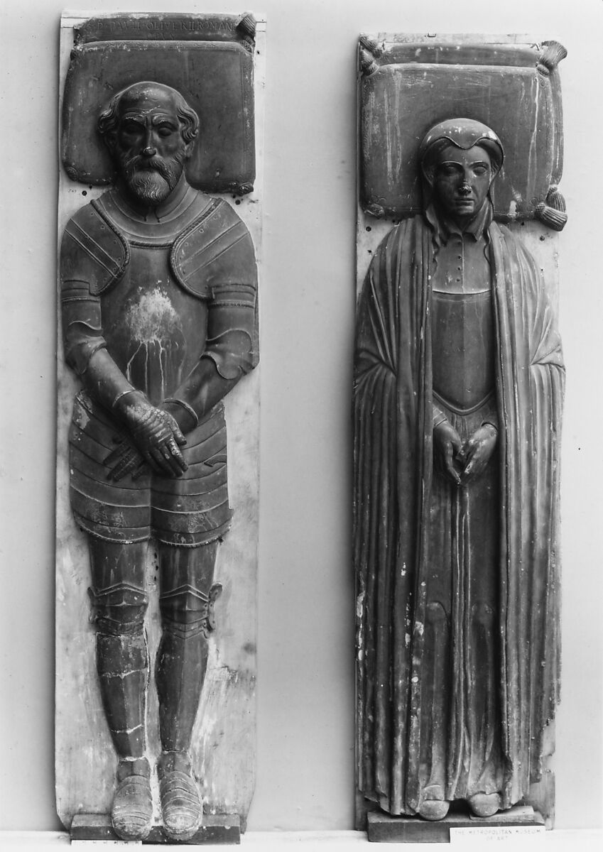 A man in armor and his wife in a long cloak (possibly Huguenots), Pietro Paolo Olivieri (Italian, Rome 1551–1599 Rome), White marble, Italian, Rome