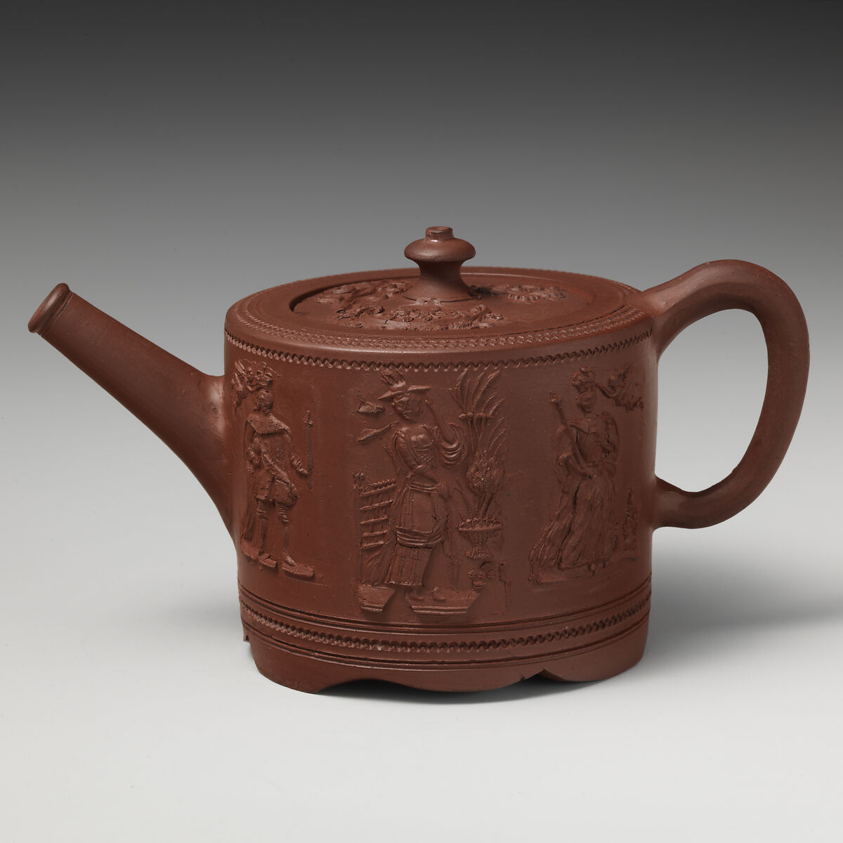 Teapot with King George III (1738–1820) and Queen Charlotte (1744–1818), Red stoneware, British, Staffordshire 