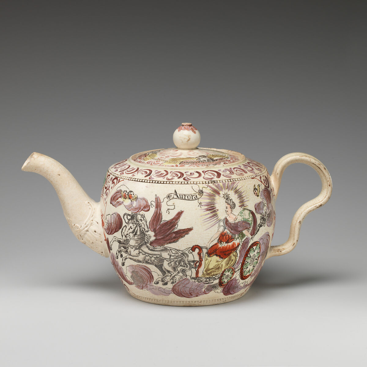 Teapot with Aurora riding in her chariot, Designed by William Greatbach (British, 1735–1813), Creamware, British, Lane Delph, Staffordshire 