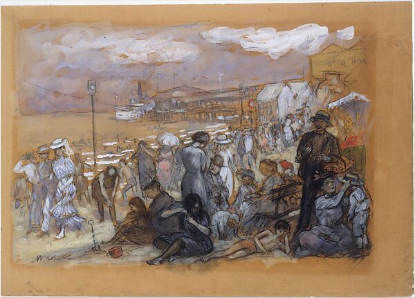 Afternoon at Coney Island, William James Glackens (American, Philadelphia, Pennsylvania 1870–1938 Westport, Connecticut), Chalk, watercolor, and gouache on paper, American 