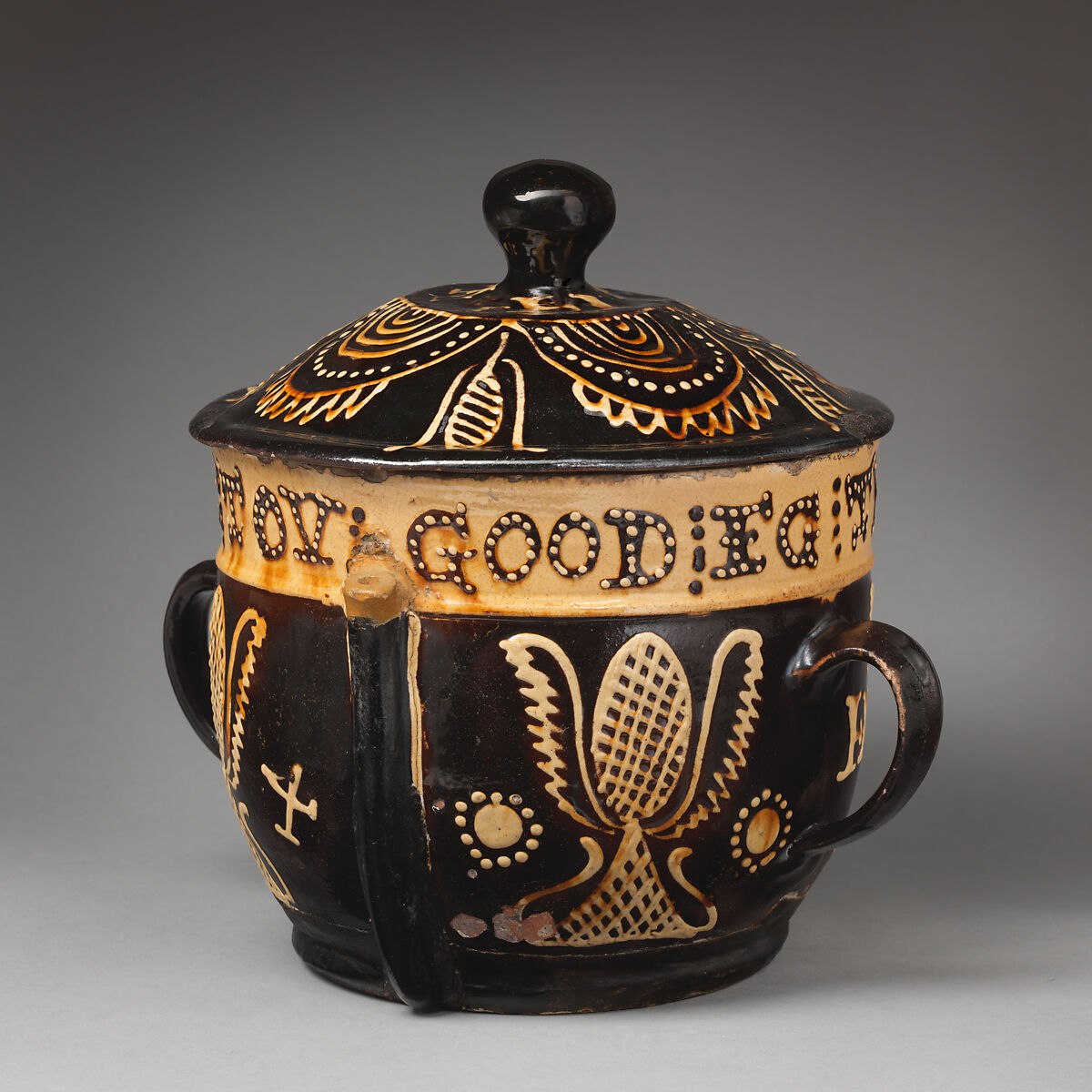 Posset pot with cover, Slipware, British, Staffordshire