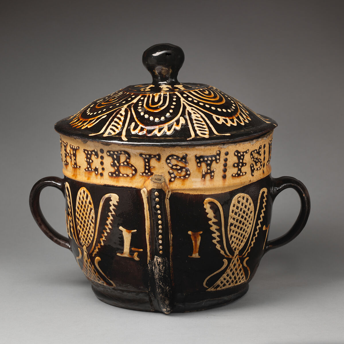 Posset pot with cover, Slipware, British, Staffordshire 