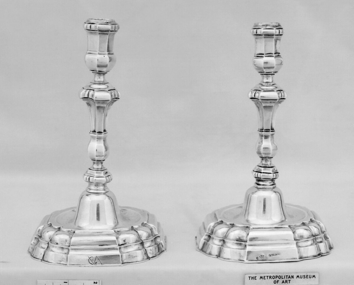 Pair of candlesticks, Andrés Goicoechea (active 1760–70), Silver, Spanish, Zaragoza 