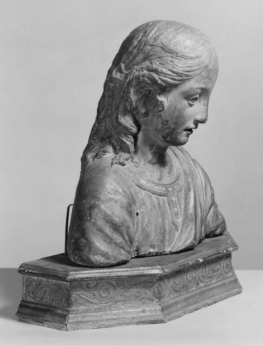 Renaissance-style bust of the boy Christ, Stucco, remains of polychromy; base: carved and gilt wood, Italian, Florence