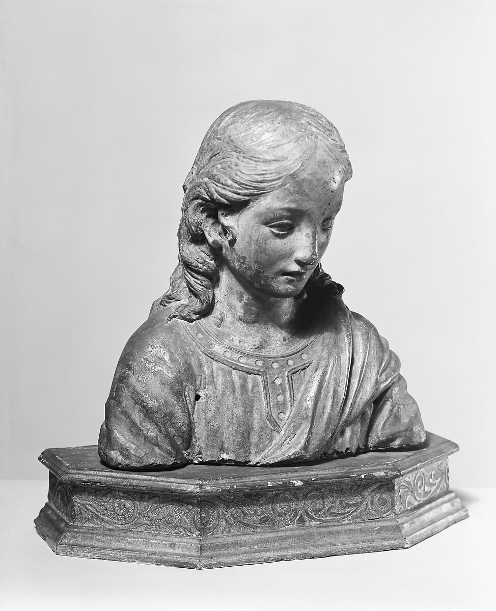 Renaissance-style bust of the boy Christ, Stucco, remains of polychromy; base: carved and gilt wood, Italian, Florence