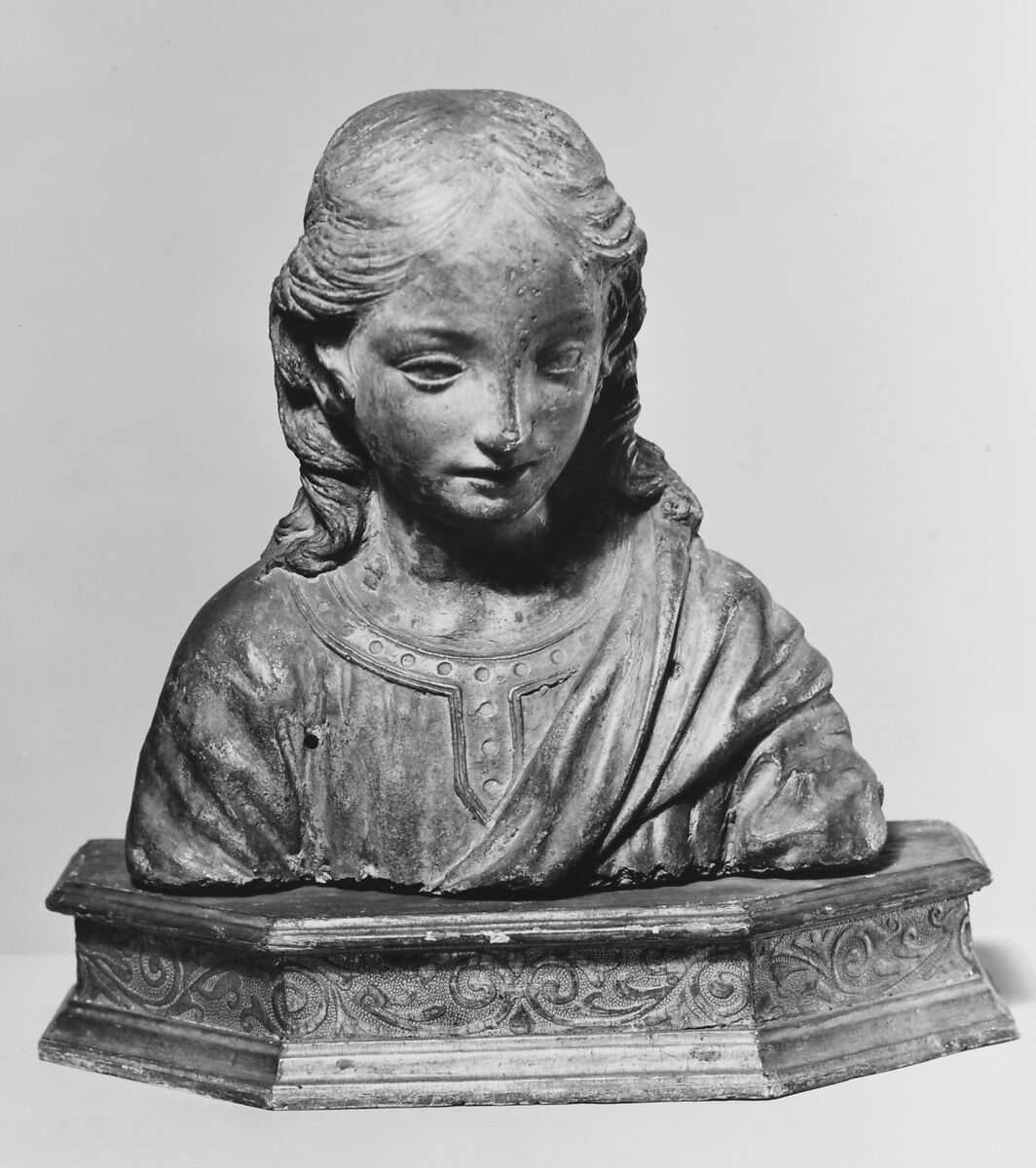 Renaissance-style bust of the boy Christ, Stucco, remains of polychromy; base: carved and gilt wood, Italian, Florence