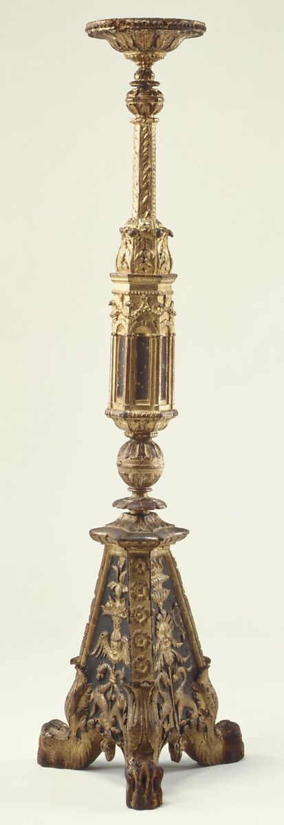 Altar candlestick, Carved, painted, and gilt poplar, Italian, Florence 