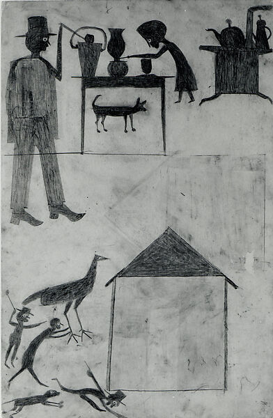 Kitchen Scene, Yellow House, Bill Traylor (American, Benton, Alabama ca. 1853–1949 Montgomery, Alabama), Graphite and colored pencil on cardboard, American