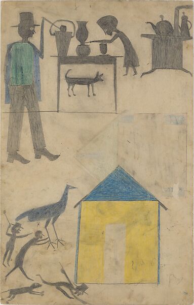 Kitchen Scene, Yellow House, Bill Traylor (American, Benton, Alabama 1853/54–1949 Montgomery, Alabama), Graphite and colored pencil on cardboard, American 