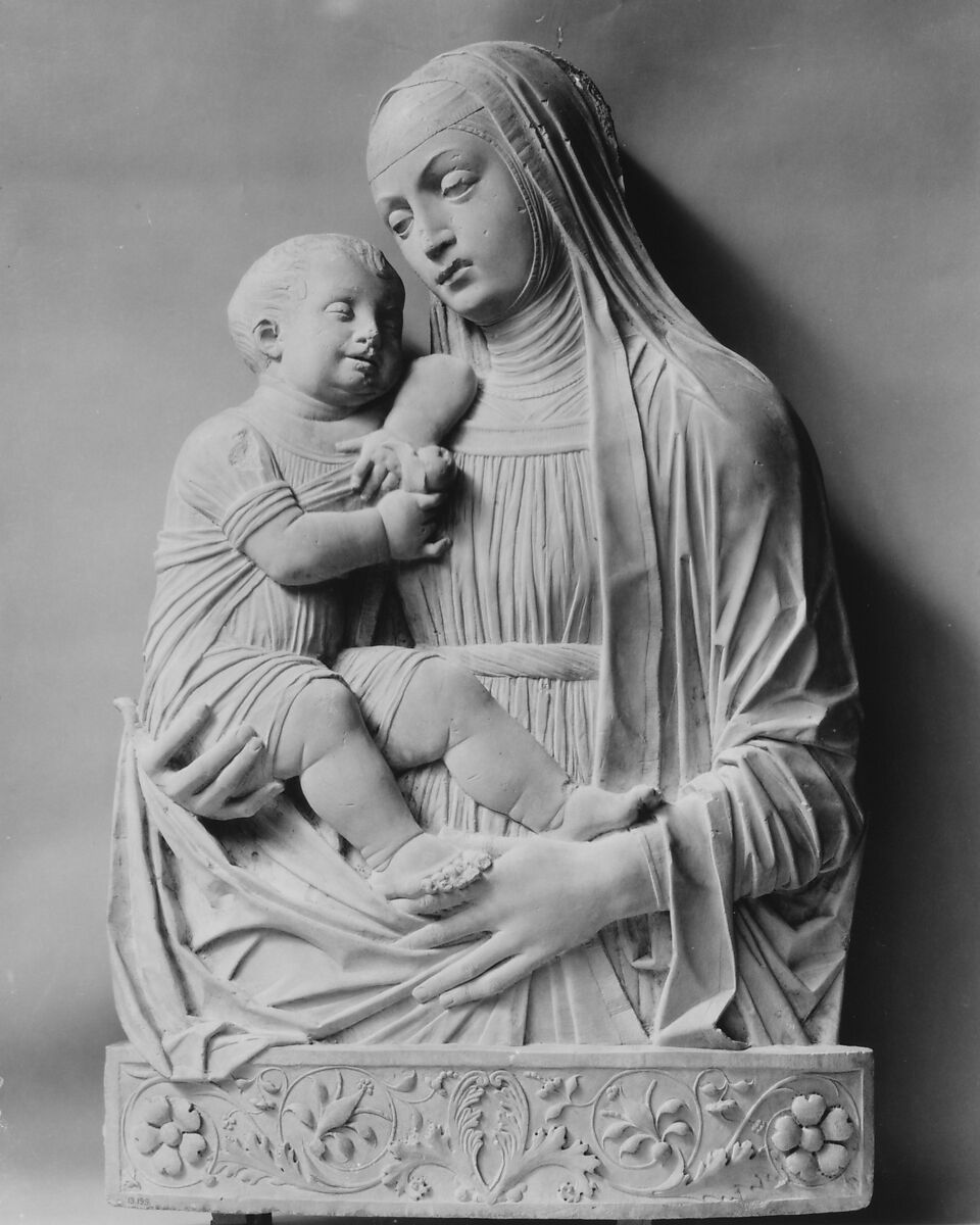 Madonna and Child, Pietro Lombardo (or Pietro di Martino da Carona) (Italian, Carona, Lombardy ca. 1435–1515 Venice), Relief: stone, traces of gilding; Frame: stone painted blue and gilded in parts, Italian, Venice