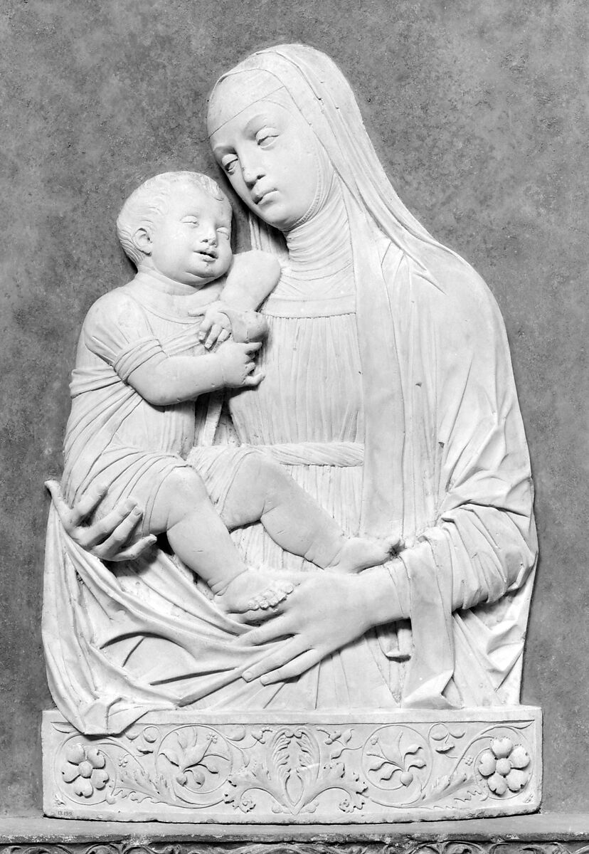 Madonna and Child, Pietro Lombardo (or Pietro di Martino da Carona) (Italian, Carona, Lombardy ca. 1435–1515 Venice), Relief: stone, traces of gilding; Frame: stone painted blue and gilded in parts, Italian, Venice