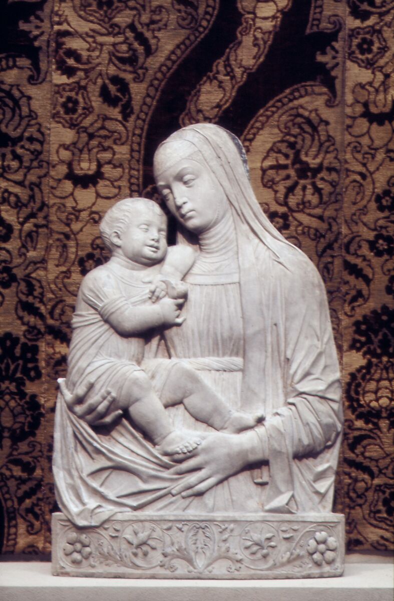 Madonna and Child, Pietro Lombardo (or Pietro di Martino da Carona) (Italian, Carona, Lombardy ca. 1435–1515 Venice), Relief: stone, traces of gilding; Frame: stone painted blue and gilded in parts, Italian, Venice 