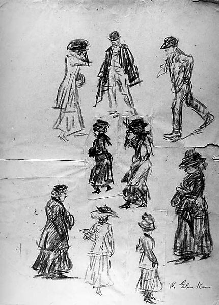 Studies from life, William James Glackens (American, Philadelphia, Pennsylvania 1870–1938 Westport, Connecticut), Charcoal on cut and pasted paper, American 