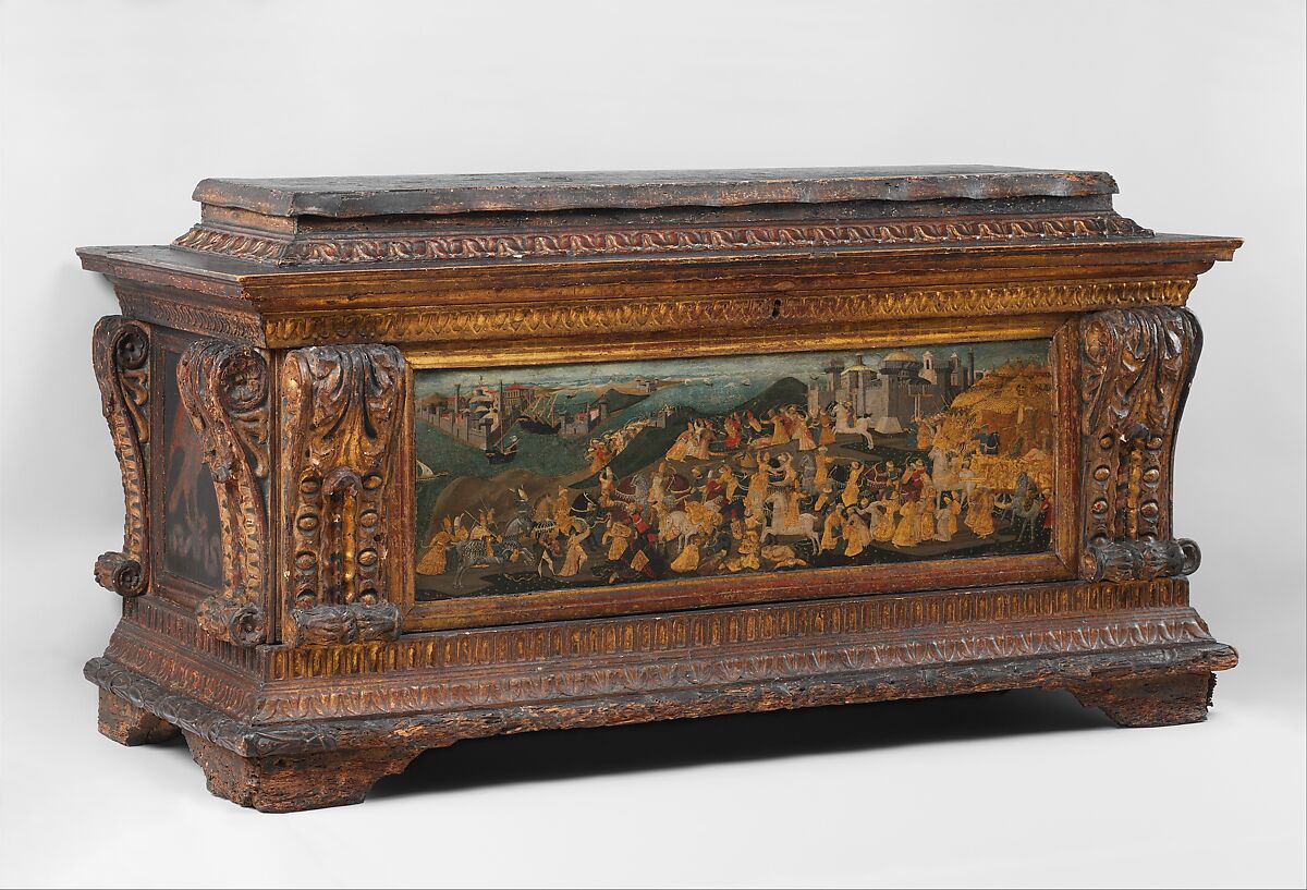 Cassone with painted front panel depicting the Conquest of Trebizond, Apollonio di Giovanni di Tomaso  Italian, Poplar wood, linen, polychromed and gilded gesso with panel painted in tempera and gold, Italian, Florence