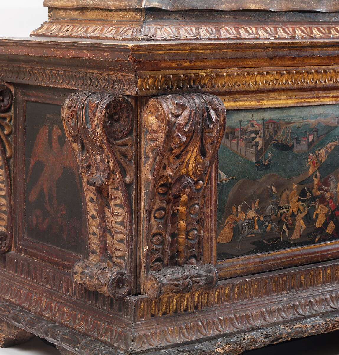 Cassone with painted front panel depicting the Conquest of Trebizond, Attributed to workshop of Apollonio di Giovanni di Tomaso (Italian, Florence ca. 1416–1465 Florence), Poplar wood, linen, polychromed and gilded gesso with panel painted in tempera and gold, Italian, Florence