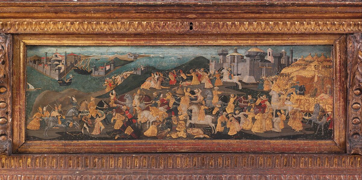 Cassone with painted front panel depicting the Conquest of Trebizond, Attributed to workshop of Apollonio di Giovanni di Tomaso (Italian, Florence ca. 1416–1465 Florence), Poplar wood, linen, polychromed and gilded gesso with panel painted in tempera and gold, Italian, Florence